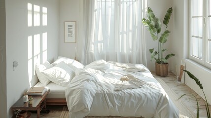 White Bedroom with Sunbeams and Green Plant.