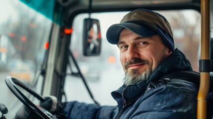 man smiling at the camera while driving a truck