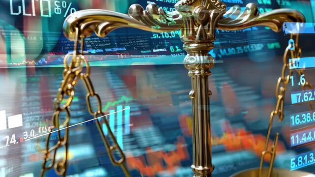 Financial law on the stock market exchange board with a law scale and gavel judge