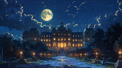 Naklejka premium A nighttime anime illustration of the Palace of Versailles, with the palace illuminated by moonlight, casting a mystical glow and a starry sky above. The scene is serene and magical.