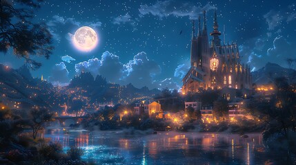 Obraz premium A nighttime anime illustration of the Sagrada Familia, with the basilica illuminated by moonlight, casting a mystical glow and a starry sky above. The scene is serene and magical.