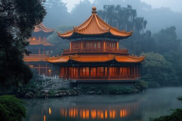 Obraz premium Traditional Chinese Pagoda on a Misty Lake.