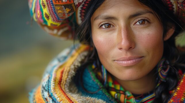 Portrait of an indigenous woman looking at the camera smiling and happy. Hispanic woman.