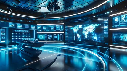 Futuristic Control Room with Monitors and Screens