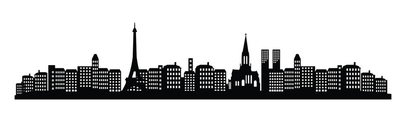 Obraz premium A vector illustration featuring the silhouette of Paris cityscape, including the Eiffel Tower and iconic cathedrals.