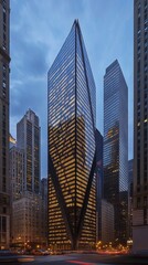  Futuristic Glass Tech Tower Illuminating City Skyline: Modern Architectural Marvel with Blue Lights Reflecting Urban Innovation. Corporate Headquarters Exemplifying Cutting-Edge Design and Technologi