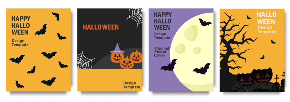 Happy Halloween. Halloween card set with spooky element bat, pumpkin, full moon, and haunted house. Trendy design for greeting card, decoration, ads, party invitation, banner, poster, cover, print. 