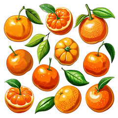 Vibrant Collection of Tangerine and Orange Illustrations: Detailed Citrus Fruit Designs and Patterns, set of tangerines, set of oranges, set of tangerine, tangerine illustrations, orange illustrations