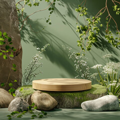 Wooden Platform on Mossy Rocks Surrounded by Greenery