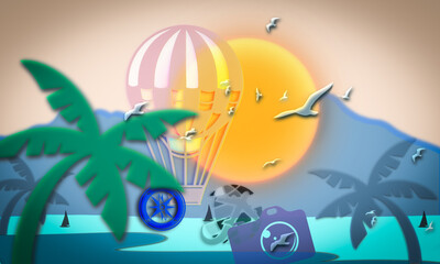 Outdoor Travel sunny landscape with beach scenery includes gas balloons aeroplane seahawks with direction wheel camara travel guide  illustration Artwork in vivid colour scheme background 