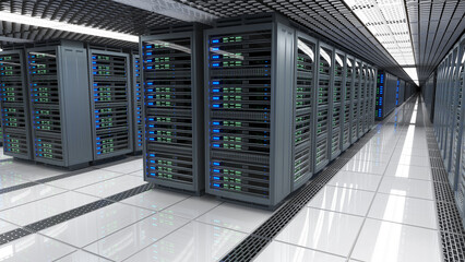 Data center server room interior. 3d illustration