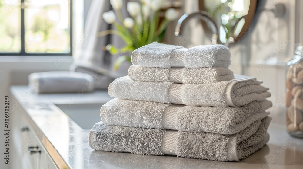 Poster clean towels neatly stacked on bathroom counter text space available