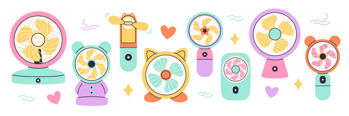 Modern portable fan. Table fan, hand fan. Mini electric fan. Vector illustration in flat style