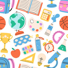 Seamless pattern with school supplies, stationery. Education. Back to school concept. Vector illustration in flat style