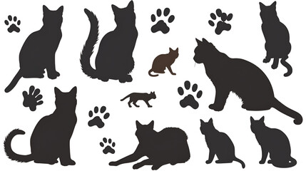 Set of vector silhouettes of cats and paw prints on a white background, 