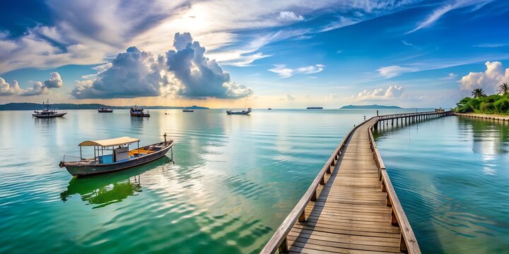 Pier and Boat on Ocean in Batam Indonesia wide angle AI Generative