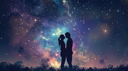 Obraz premium A couple whispering secrets under a starry sky, intimate and magical, romantic connection