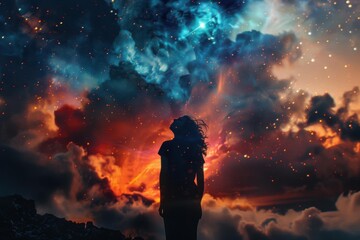 Fototapeta premium Silhouette of Woman Under Vibrant Cosmic Sky for Inspirational Creative Projects