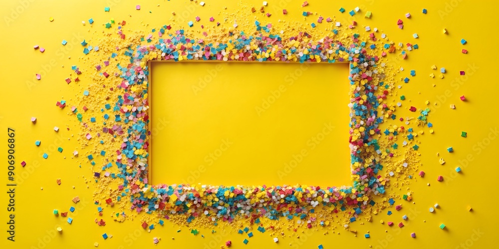 Poster colorful confetti creating a square frame on a yellow background ai-generated content