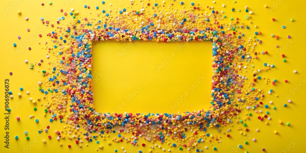 Poster colorful confetti creating a square frame on a yellow background ai-generated content