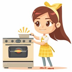 Chibi housewife, cleaning oven, cleaning, flat design illustration, thorough, isolated on white background