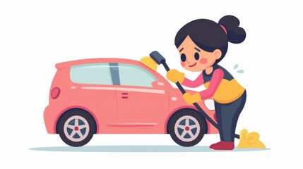 Chibi housewife, cleaning car, cleaning, flat design illustration, thorough, isolated on white background