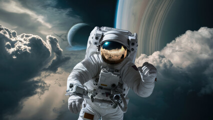 A man in an astronaut suit floating through the clouds, AI