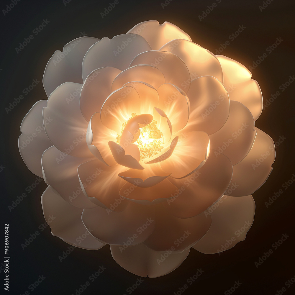 Poster illuminated white camellia flower in glowing sphere with rich petal patterns | c4d render with soft 