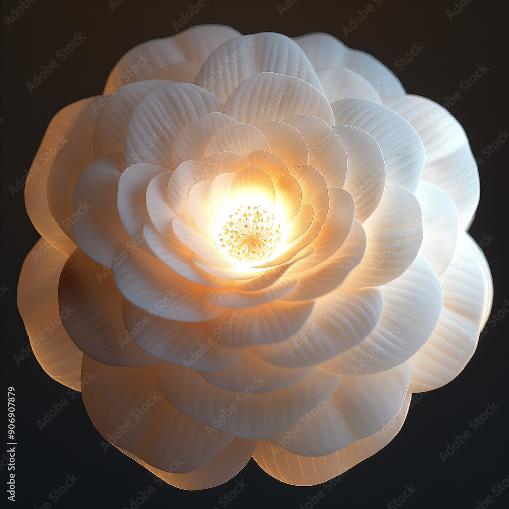 Poster elegant white camellia flower illuminated in glowing sphere - 3d render with rich petal patterns and