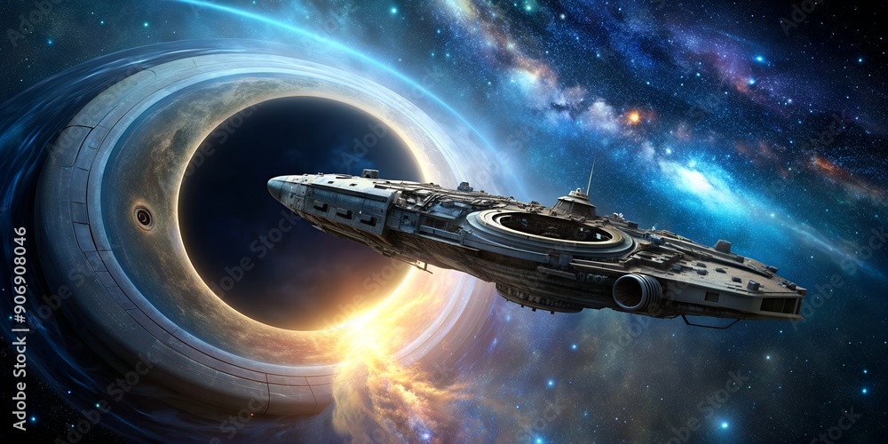 Poster an ancient spaceship floating in space near a black hole generative ai