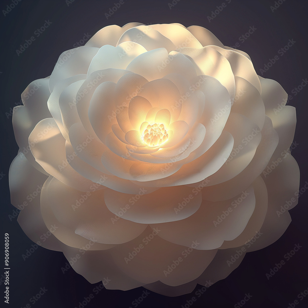 Poster illuminated white camellia flower in glowing sphere with rich petal patterns | c4d style octane rend