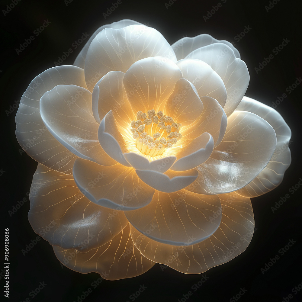 Poster ethereal white camellia flower illuminated in glowing sphere with rich petal patterns | 3d rendered 