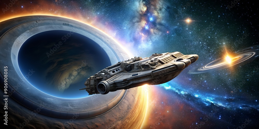 Aufkleber an ancient spaceship floating in space near a black hole generative ai