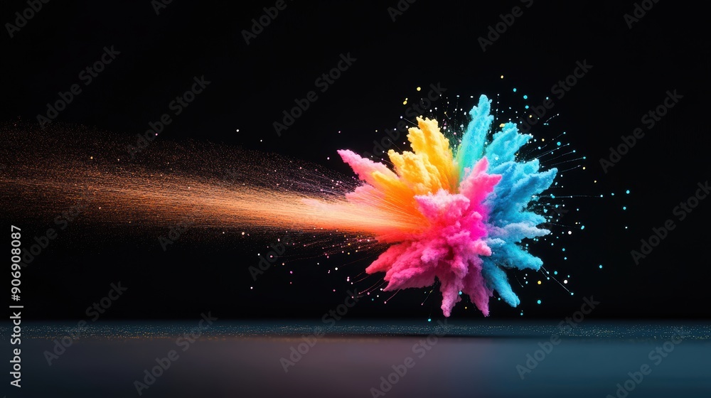 Poster a digital illustration of a single firework exploding in a burst of rainbow colors against a black b