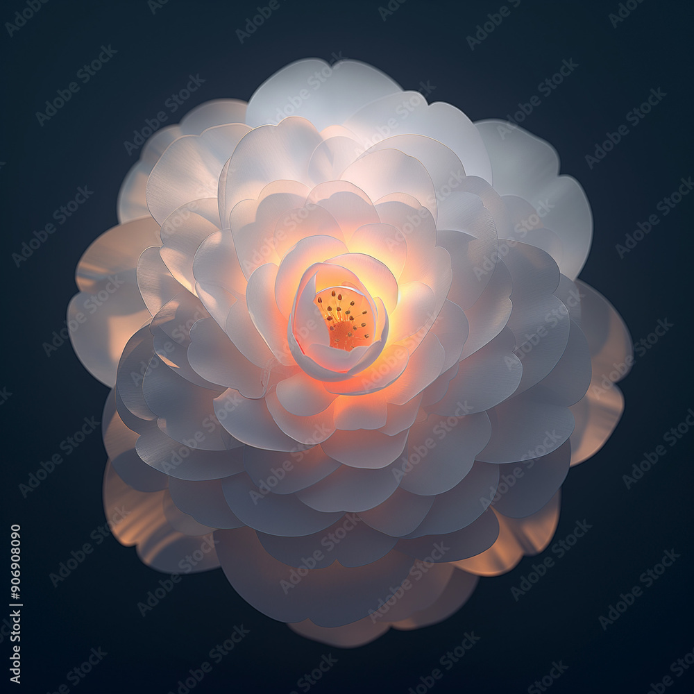 Poster ethereal white camellia flower in illuminated sphere - c4d style render with rich petal patterns and