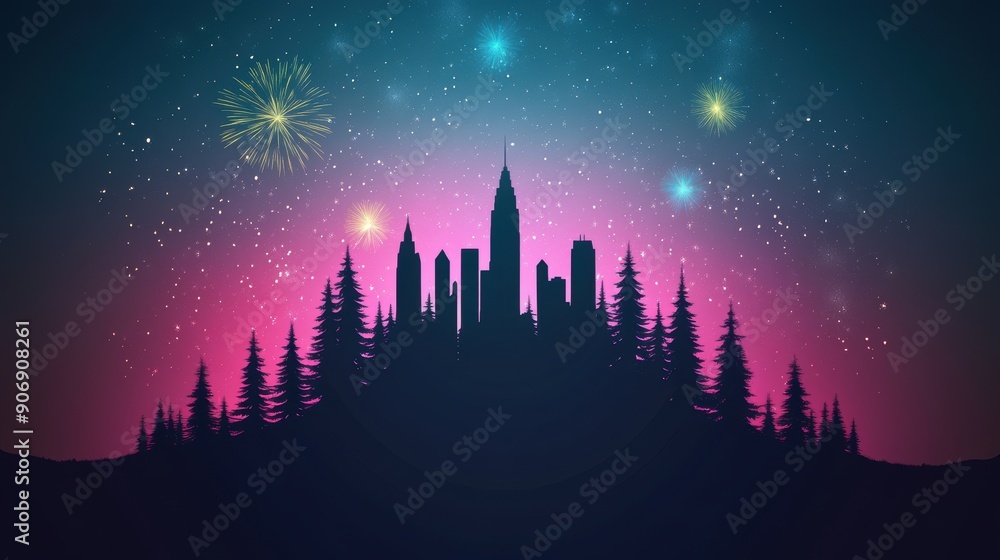 Aufkleber a silhouette of a city skyline with a firework display in the background, creating a dramatic and fe