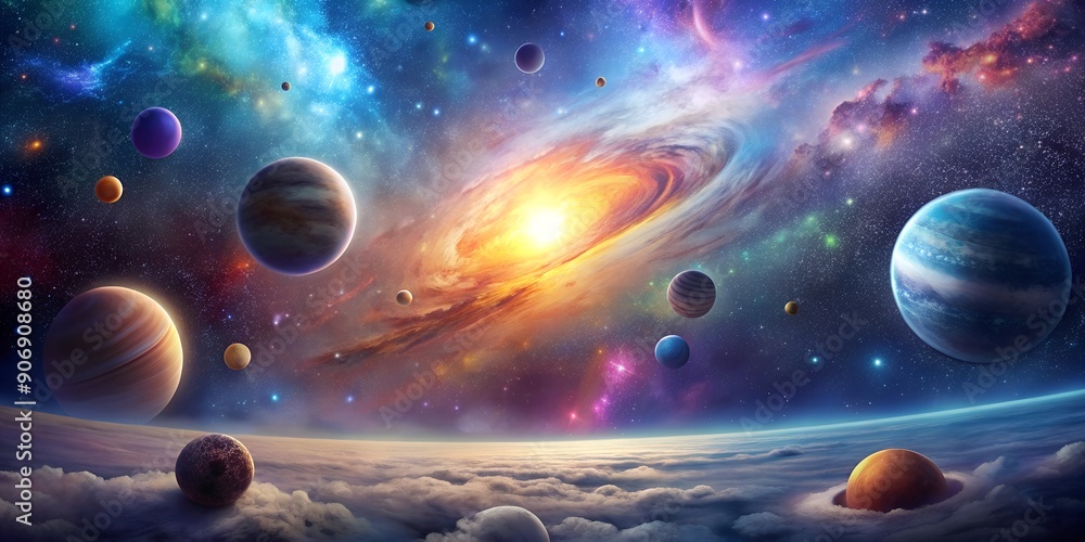 Poster a view from an unknown planet to a sky full of colors planets stars and nebulae a view from space fr