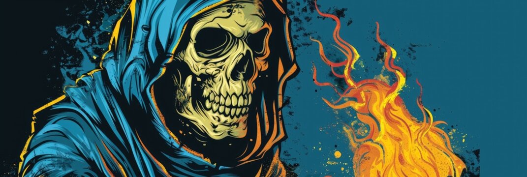 Illustration of a detailed full color rectangular logo inspired by rat fink art style depicting a grim reaper facing straight on with a fireball The reaper is clad in a blue robe with yello