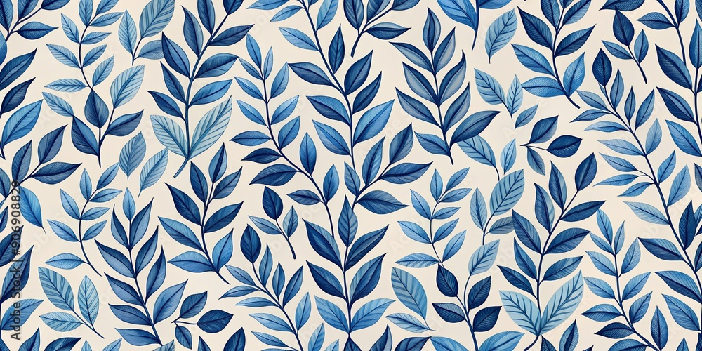 Poster a seamless pattern of indigo and blue leaves on a cream background ai generative