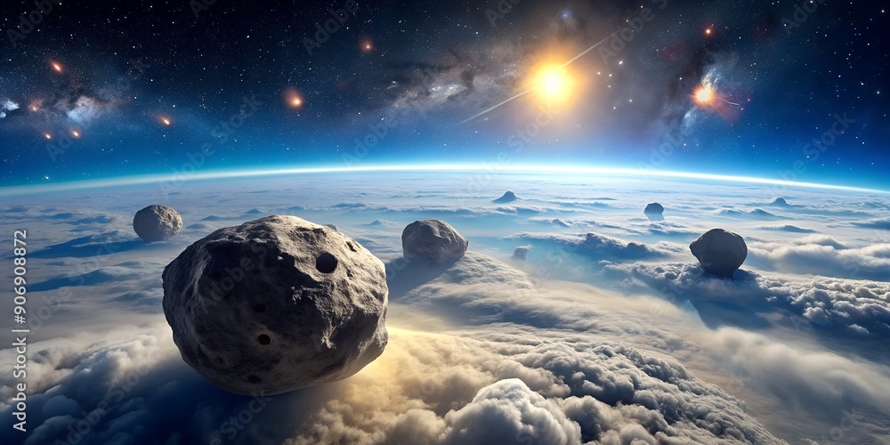 Poster asteroid field in front of mega asteroid hidden by the fog in deep space panoramic generative ai