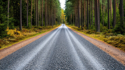 A serene forest road invites exploration, surrounded by tall trees and vibrant foliage, perfect for nature lovers and adventures.