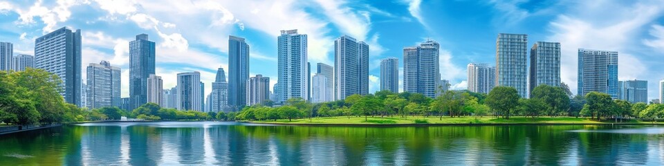 Panorama of Cityscape with modern skyscrapers, lush green park, and reflections on a calm river under a vibrant blue sky.
