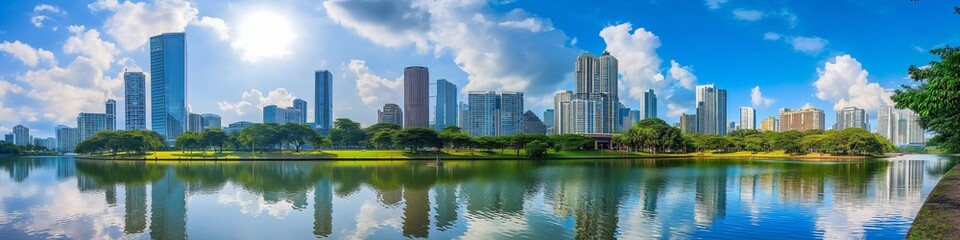 Fototapeta premium Panorama of Cityscape with modern skyscrapers, lush green park, and reflections on a calm river under a vibrant blue sky. 