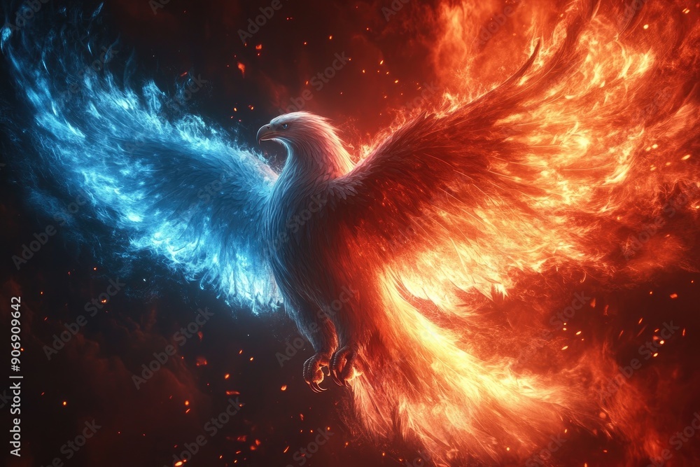 Poster A majestic eagle with flames and ice wings