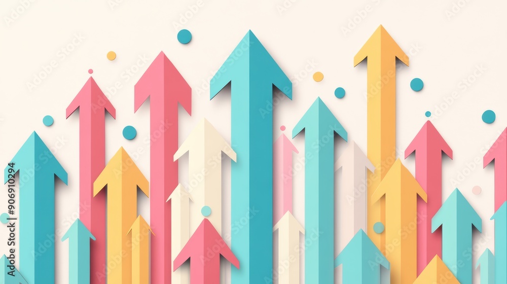 Poster a repeating pattern of arrows pointing upwards, creating a dynamic and positive visual, on a light b