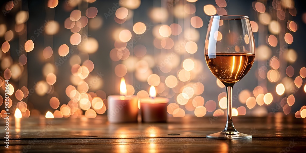 Poster a glass of wine rose and a candle in a bokeh background generative by ai
