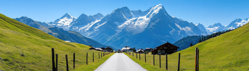 A stunning mountain landscape with lush green fields under a bright blue sky, perfect for nature enthusiasts and outdoor lovers.