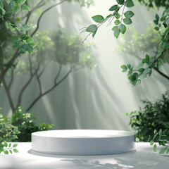 White Pedestal Display Surrounded by Lush Greenery in a Forest Setting