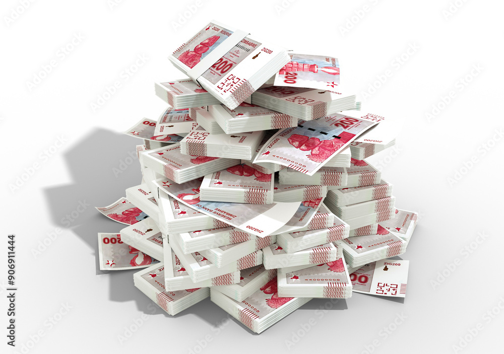 Poster 3d rendering of stacks of new 200 zimbabwe gold zig notes. bundles of 200 zimbabwean currency bills 