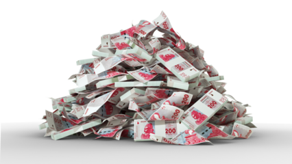 Big pile of Zimbabwe gold zig notes. A lot of money isolated on white background. 3d rendering of bundles of cash,  Zimbabwean gold